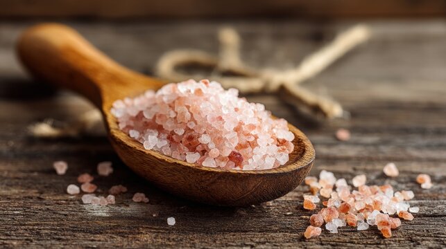 Pink salt crystals on wooden spoon rustic background