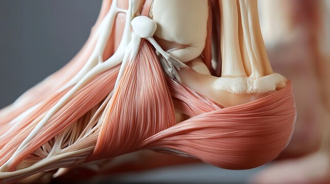 Detailed anatomical model of human foot muscles and tendons showcasing skeletal structure and soft tissue anatomy in a realistic medical illustration