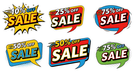 Obraz premium Collection of sale and discount badges with percent off tags in comic pop art style. Generative AI