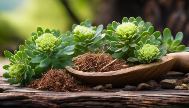 medicinal herbs featuring rhodiola rosea with robust roots and powerful healing effects