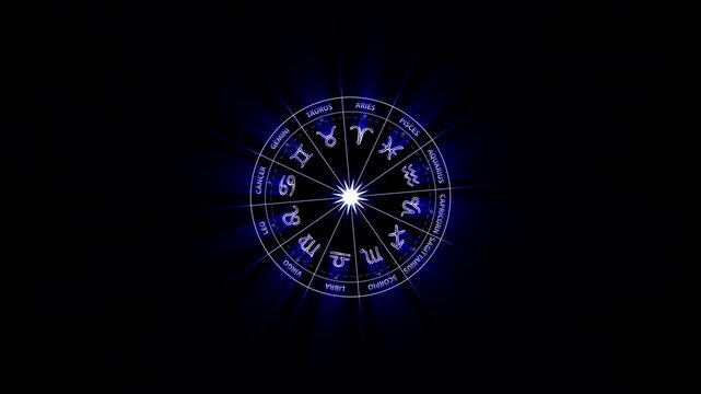 Silver zodiac wheel animation with 12 astrological symbols with fade-in & blue 3D ray effect. Luxury astrology overlay on alpha channel BG, ideal for horoscope, spiritual and astrology projects
