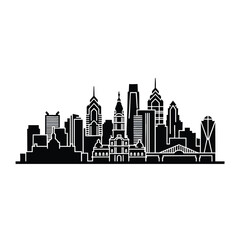 Fototapeta premium A black and white vector illustration of the Philadelphia skyline, showcasing various skyscrapers and buildings in a simple, graphic style. Perfect for graphic resources, presentations, and