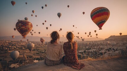 Obraz premium Two women watching hot air balloons at sunrise