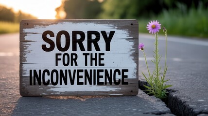 Rustic sign on roadside with purple flower growing through crack