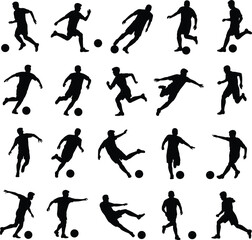 Soccer player silhouette set football action poses dribbling kicking isolated on white background sports illustration collection