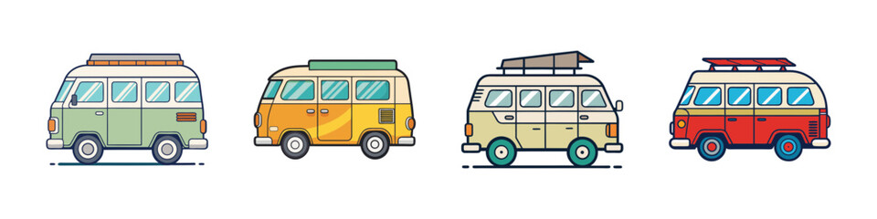 colorful camper vans in different styles vector illustration