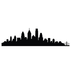 Obraz premium A black silhouette of the Philadelphia skyline with various skyscrapers and buildings against a white background. Perfect for graphic resources, presentations, and travel materials.