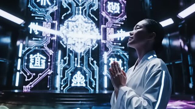 Futuristic Woman Interacting with Holographic Interface.