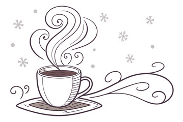 A steaming cup of coffee on a saucer with swirling steam