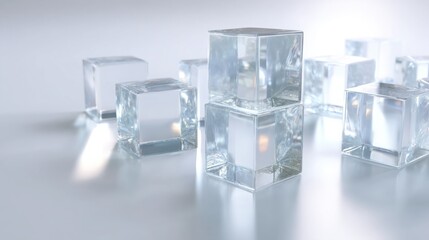 composition of transparent glass cubes on white background, clean minimal 3d render, smooth reflections and refractions, subtle soft shadows, modern