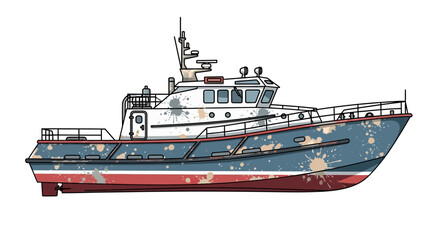 Vintage patrol boat, weathered and distressed, isolated on white