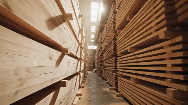 Rows of neatly stacked wooden planks and timber fill a large industrial warehouse bathed in natural