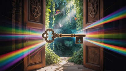 Fototapeta premium Unlock a vibrant tropical paradise with a large ornate key