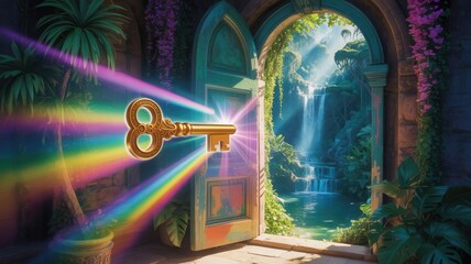 Fototapeta premium Unlock the secret garden with a large golden key and vibrant rainbow light