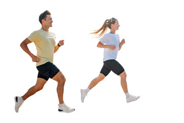 Couple runs together, enjoying exercise and outdoor time while smiling and staying active, transparent background