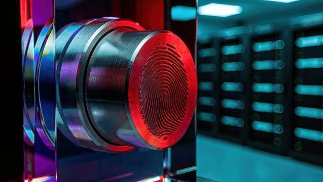 Biometric titanium cylinder locking polarized glass vault in red rim light