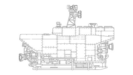 Naval Vessel: Detailed blueprint of a modern naval vessel, showcasing its intricate design and advanced technology. The stark contrast of the illustration accentuates every aspect of the ship. © mahmuda428