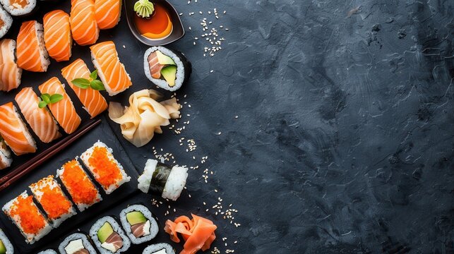 Fresh sushi rolls with salmon and california maki on grey background
