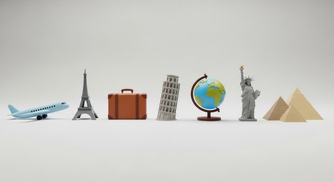 Miniature travel icons, plane to pyramids, on a white surface, signifying global exploration