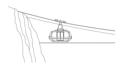 Cable Car Journey in mountains: This detailed illustration showcases a cable car suspended on a wire, offering a unique perspective of a mountain landscape. © mahmuda428