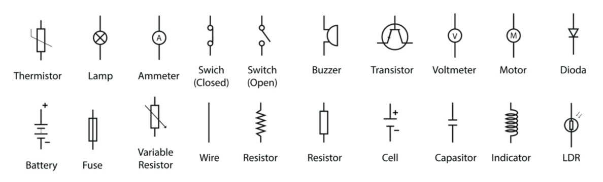 Set of electronic circuit symbols. Schematic circuit diagrams vector illustration