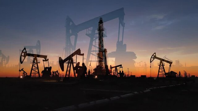 Silhouettes of numerous oil pumpjacks and drilling rigs extracting resources from the ground