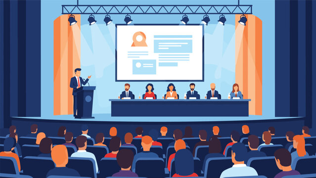 Large audience listening to a keynote speaker at a professional business conference held on a modern stage with screen.