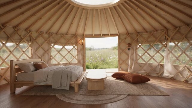 Bright yurt accommodation with diffuse light from skylight handcrafted low furniture in sharp detail wilderness meadow softly blurred outside.