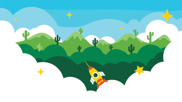 Colorful space rocket blasting off into blue sky above green forest hills with yellow stars and white clouds in cartoon style art.
