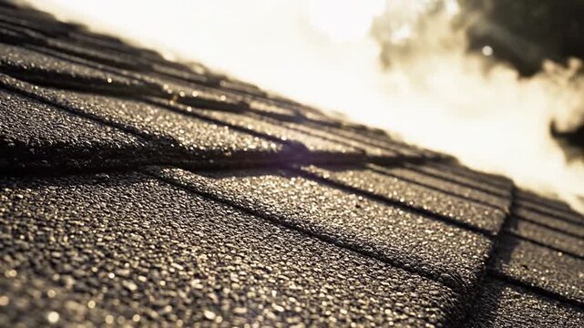 Close-up of wet asphalt roof shingles glistening under bright sunlight with steam rising
