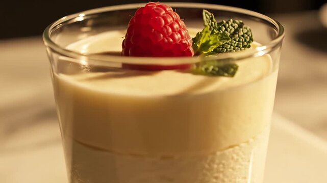 Creamy dessert in glass with raspberry and mint garnish close up