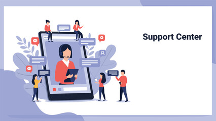 Online support center concept featuring a large smartphone screen with a customer service representative and multiple users.