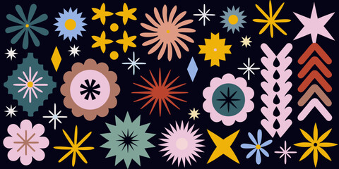 A vibrant collection of stylized floral and starburst shapes on a dark background
