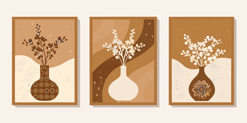 Abstract botanical wall art featuring vases and neutral earthy tones
