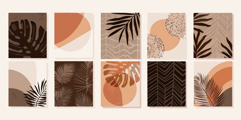 Nine botanical patterned panels in muted earth tone colors