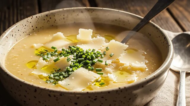 Creamy soup in rustic bowl with cheese and chives close up
