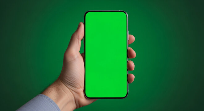 Hand holding smartphone with green screen in studio shot with soft lighting for app demonstration