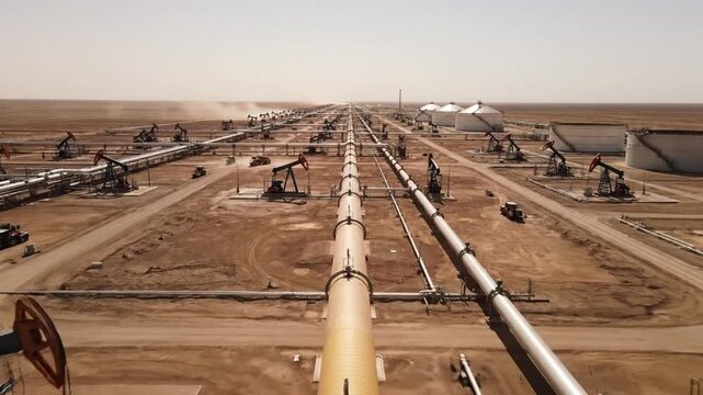 Extensive network of pipelines and pumpjacks operating in a vast desert oil field under a clear sky.