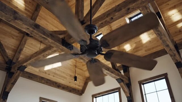 A wooden ceiling fan spins, circulating air in a room with a high vaulted wooden ceiling