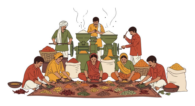 Group of people in traditional clothing processing and sorting spices on a large mat with various containers around them.
