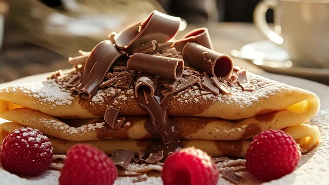 Delicious crepe with chocolate and raspberries on a plate near coffee cup