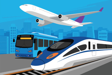 Modern Transportation Illustration, Featuring Bullet Train, City Bus and Commercial Airliner Over Blue Cityscape
