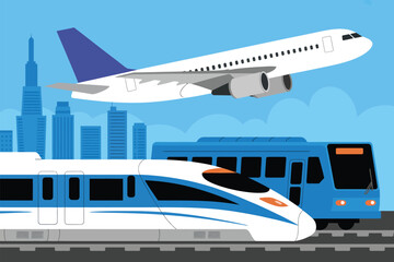 Fototapeta premium Modern Transportation Illustration, Highlighting High-Speed Train, Urban Bus and Airplane in Minimalist Blue Skyline