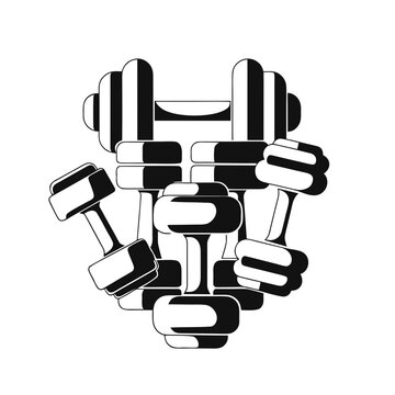 A black and white image of dumbbells in various positions