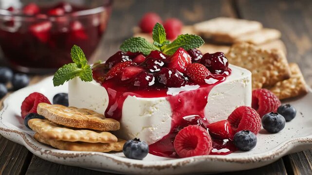 Gourmet cheese with berry compote and crackers close up