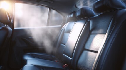 hyperrealistic close up of vacuum cleaning car interior seats in spring daylight, fresh clean atmosphere, natural light entering through windows
