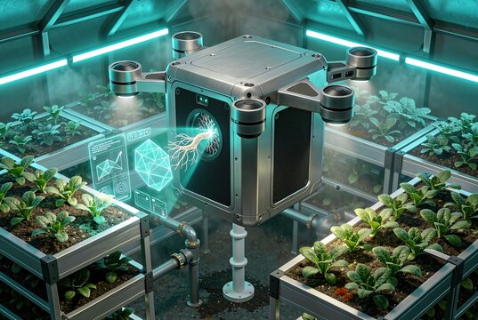 Autonomous orbital drone secures a smart agriculture compute enclave above hydroponic towers.