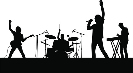 Rock band silhouette performing live concert on stage with singer guitarist drummer keyboardist music performance illustration black white vector poster © Minhazul