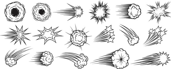 Comic Explosion and Speed Burst Effects Set with Smoke Clouds and Star Shapes Vector Illustration Collection © MdNipon