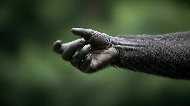 Close-up of a chimpanzees outstretched hand, showing its palm and fingers, against a blurred green background.